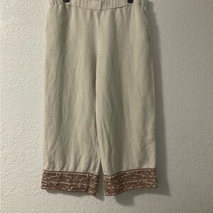 J. Jill Beige Cropped Wide Leg Pants with Brown Embroidery